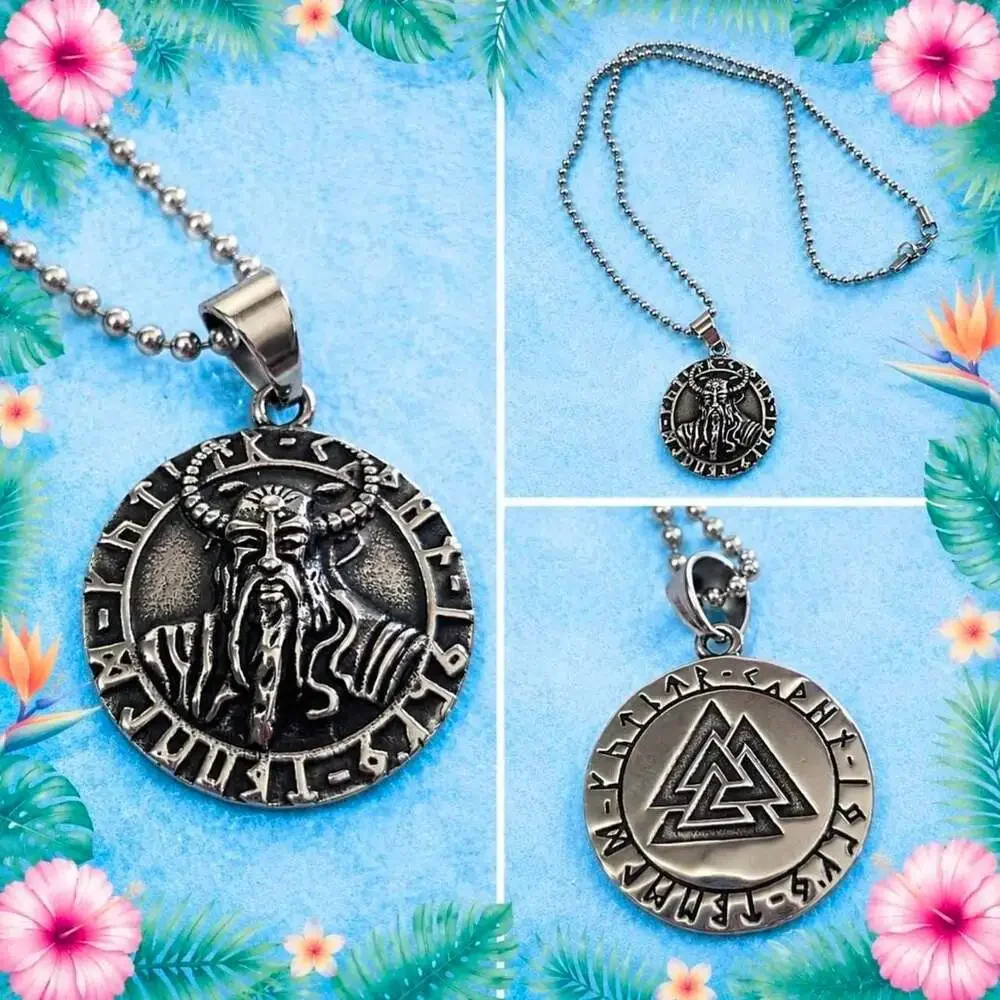 Viking Stainless Steel Odin Horned God Rune Pendant Necklace